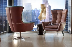 Дизайнерские кожаные кресла Jacob с высокой спинкой. Отделка: микрофибра табачного цвета, кожа рыжего цвета. Calia Italia, Италия