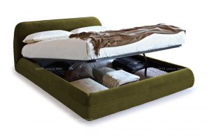 Итальянская кровать Supersoft, Calligaris в мягкой обивке оливкового цвета с контейнером. Фото 01